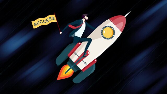 Successful Entrepreneur Flying Up with Rocket and Success Flag Animation in Motion Speed Background. Business man success and Start-up. High Achiever Businessman 