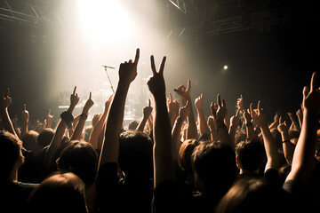 Wide-angle view of a rock concert crowd, taken from the stage, immersing the viewer in the energy and excitement of the performance. Generative AI