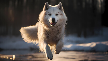 Obraz premium White husky dog ​​running. Generative AI
