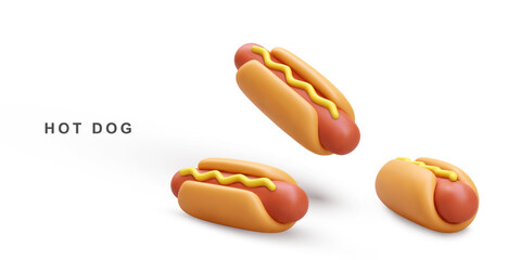 3d realistic three Hot Dog on white background. Vector illustration.
