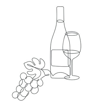 recommend clip art: Grape, bottle and glass drawn in one continuous line. One line drawing, minimalism. Vector illustration.