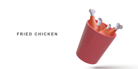 3d realistic Fried chicken in paper bucket. Vector illustration.