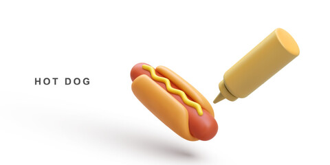 3d realistic Hot Dog and mustard ketchup on white background. Vector illustration.