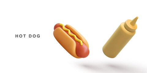 3d Hot Dog and mustard ketchup on white background. Vector illustration.