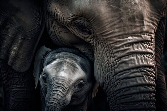 Tender image of an Elephant mother and calf. Amazing African Wildlife. Generative Ai