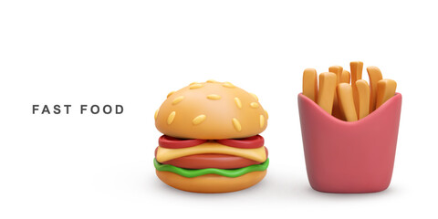 3d realistic Hamburger and fries potatoes on white background. Vector illustration.