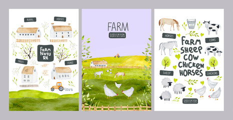 Garden, farm and agriculture landscape.
Set with farm animals: cows,chickens,horses,sheeps and set with rural houses isolated on white background. Drawings for exhibition poster. Transparent png.