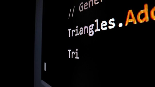Closeup macro shot movement of coding script moving across LED screen with real-time AI-generated typing, showcasing advanced AI learning in optimization, debug and coding for software development.