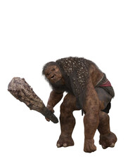 Troll monster crouching with wooden club weapon in hand. Isolated 3D rendering.