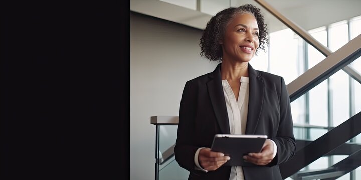Smiling happy middle-aged BIPOC businesswoman executive CEO in a business suit using a computer to work with a client in an office setting -room for copy text, generative AI 
