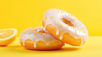 Delicious fresh donuts in yellow glaze with lemon flavor filling