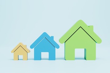 Colorful houses of different sizes on a white background. 3D render