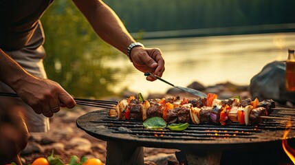 Crop man roasting vegetable kebabs on grill near lake