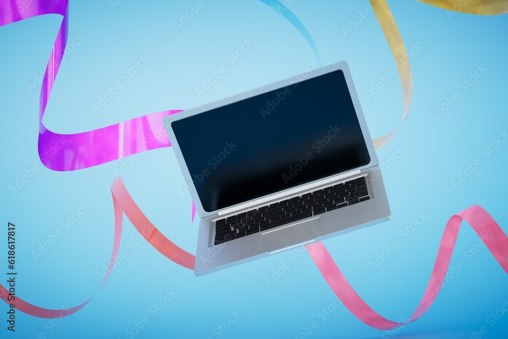 Poster the concept of remote work. an open laptop on a blue background with multi-colored ribbons. 3d rende
