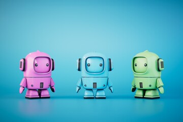Multi-colored little robots on a blue background. 3D render