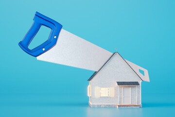 Reconstruction of the old house. house and saw on a blue background. 3D render