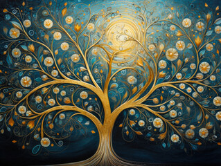 Tree of Life Artwork. Golden abstract tree with sun shinning on blue canvas, in the style of intricate floral prints, dark silver and dark blue. Ai generative.

 - obrazy, fototapety, plakaty