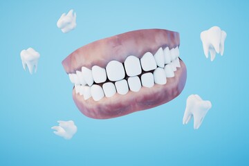 The concept of dental treatment. teeth flying on a blue background. 3D render - obrazy, fototapety, plakaty