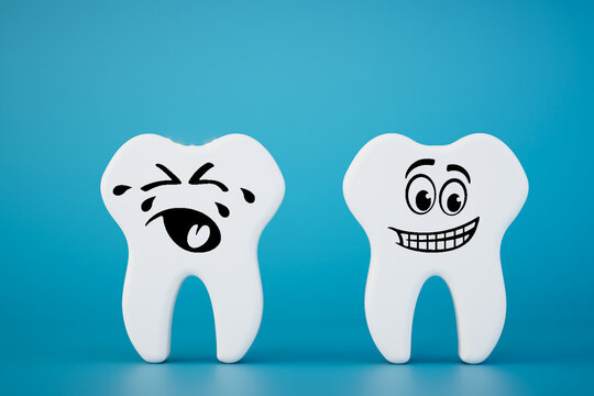 The concept of going to the dentist. teeth with emoticons painted on them. 3D render