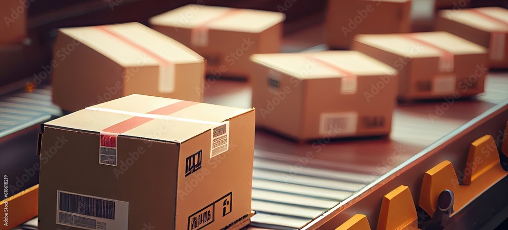 Poster packages in warehouse being processed generative ai