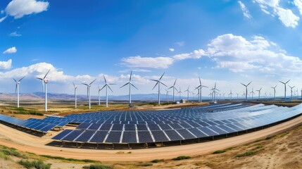 solar power plant, Panorama view of environmentally friendly installation of photovoltaic power plant and wind turbine farm situated by landfill.