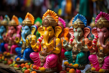 A colorful procession of decorated idols during Ganesh Chaturthi, Indian culture, Indian Generative AI