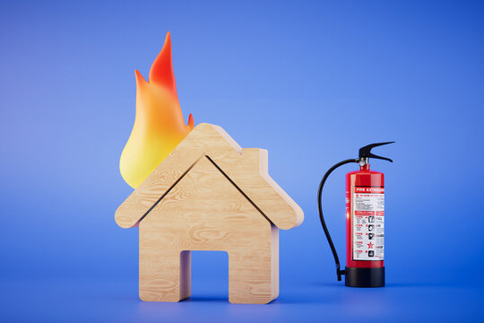 A house burning in a fire and a fire extinguisher on a blue background. 3D render