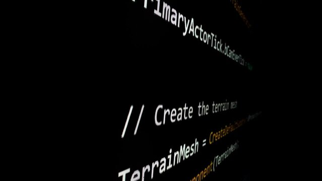 Closeup macro shot movement of coding script moving across LED screen with real-time AI-generated typing, showcasing advanced AI learning in optimization, debug and coding for software development.