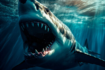 Fototapeta premium Huge shark underwater. Generative AI