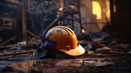 Broken and dirty protective helmet of a construction worker or a fireman. AI generated