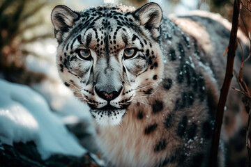 Snow leopard in the forest. Generative AI