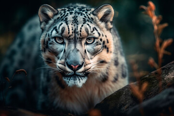 Fototapeta premium Snow leopard in the forest. Generative AI