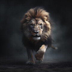Large Male African Lion (Panthera Leo) Runs Toward You - Embodying Fierce Strength & Commanding Presence. Generative AI.