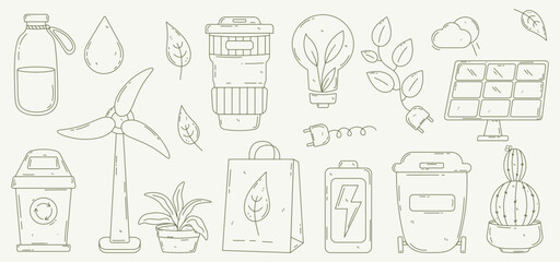 Set of objects on the topic of ecology. Eco lifestyle, zero waste, recycle, eco friendly. Reduce, reuse, refuse. Green sustainable habits concept. Cute doodle line art style. Modern hand drawn vector.