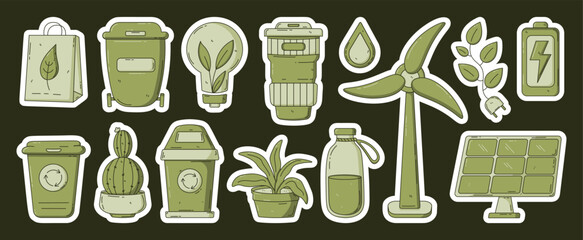 Set of objects on the topic of ecology. Stickers collection. Eco lifestyle, zero waste, recycle, eco friendly. Green sustainable habits concept. Cute cartoon style. Modern hand drawn vector.