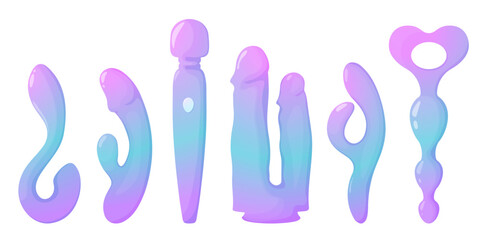 Fantasy sex toys. Cute pastel gradient unicorn color.Set of erotic clipart. Anal plugs, vibrators, balls, dildo.