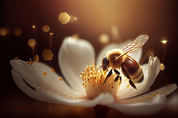 Queen Bee Working On White Flower Background Generative AI
