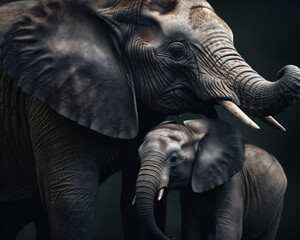 Elephant mother and calf (elephantidae in order proboscidean) on a dark studio background. Generative ai.