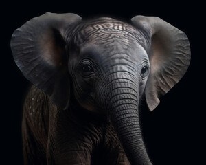 Naklejka premium Elephant calf (elephantidae in order proboscidean) looking at camera on a dark studio background. Generative ai.