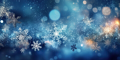 Abstract winter background, snowflakes, sparkles and bokeh