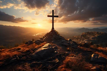 Foto op Plexiglas Cross on the hill stone , sunset rays © reddish