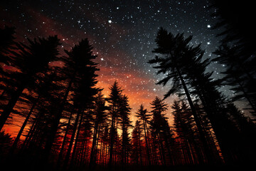 Low angle autumn red forest, night sky