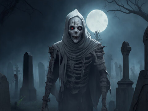 A decrepit, undead mummy stalks through a fog-filled cemetery. Halloween theme. Digital painting illustration created with Generative AI technology.