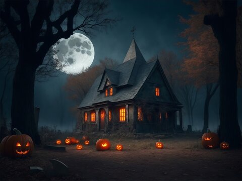 Halloween spooky background, scary pumpkins scene. Scary house in creepy forest with fog and lights. Happy Halloween theme. Digital painting illustration created with Generative AI technology.