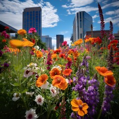 An ethereal composition capturing the interplay of flowers and the evening sky along the riverbank, as nature's colors blend harmoniously, creating a captivating scene in the fading light.