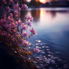 An ethereal composition capturing the interplay of flowers and the evening sky along the riverbank, as nature's colors blend harmoniously, creating a captivating scene in the fading light.