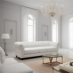 Minimal White Luxury Interior Design and Furniture with Sofa and Lamps Lounge Seating Chandelier