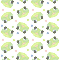 Seamless pattern with cheerful green frog faces and colored circles. Watercolor illustration highlighted on a white background. A set OF ANIMAL FACES. Suitable for children's textile design, printing