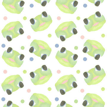 Seamless pattern with cheerful green frog faces and colored circles. Watercolor illustration highlighted on a white background. A set OF ANIMAL FACES. Suitable for children's textile design, printing