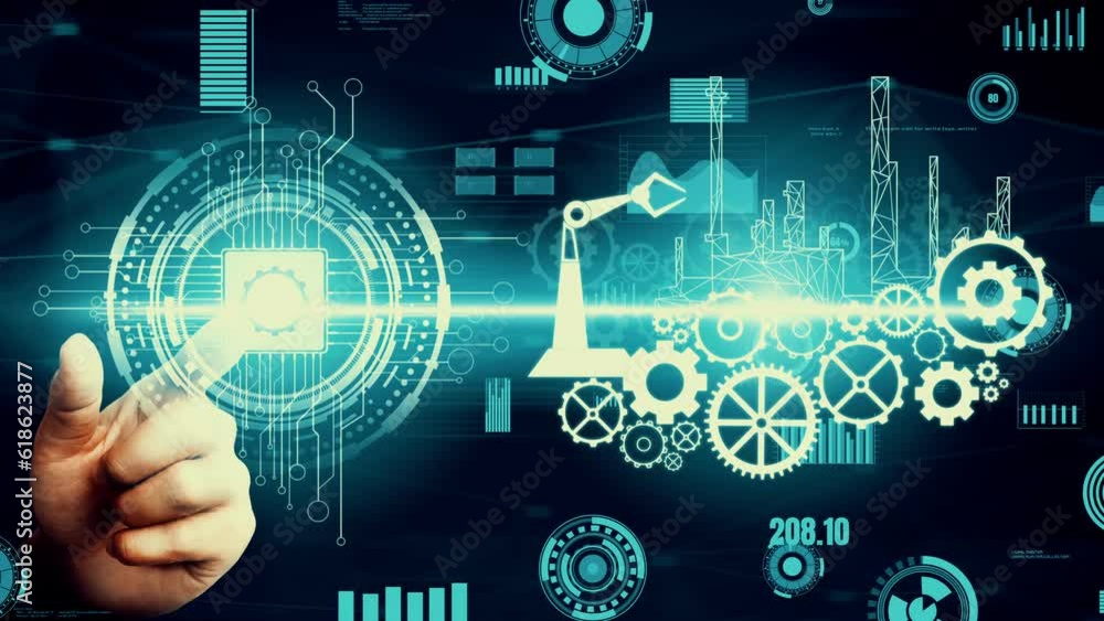 Poster futuristic industry 4.0 and inventive mechanized engineering concept with graphic user interface sho